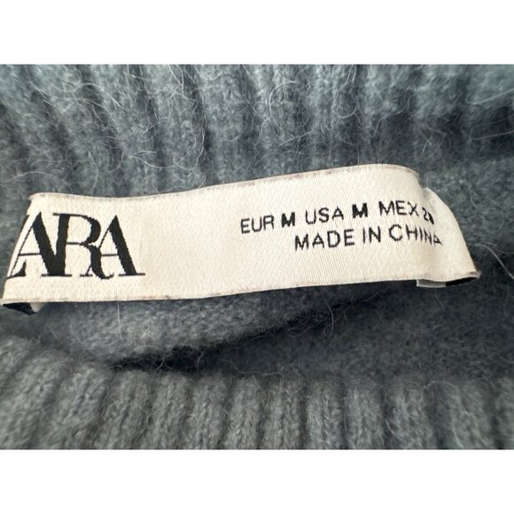ZARA Womens Ribbed Turtleneck Sweater M Gray Aqua Wool Blend Pullover - Picture 3 of 12